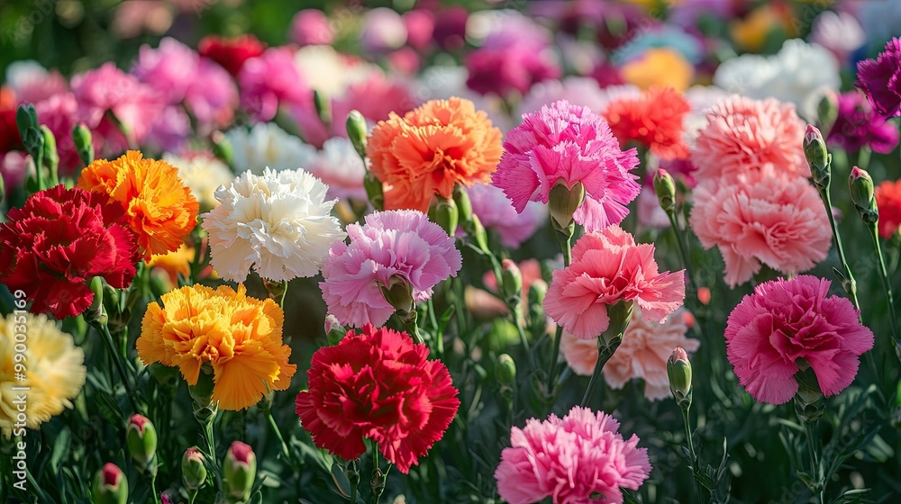 A vibrant carnation garden in full bloom, with a variety of colors creating a sea of floral beauty under the sunlight. A vibrant carnation garden in full bloom, with a variety of colors creating a sea of floral beauty under the sunlight.