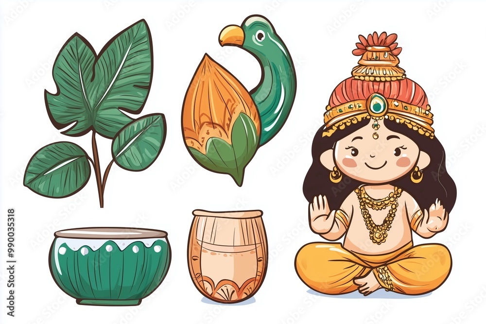 Naklejka premium Custom Vinyl Sticker with Indian Festival Themes in Cartoon Style for Graffiti or Label Designs on White Background