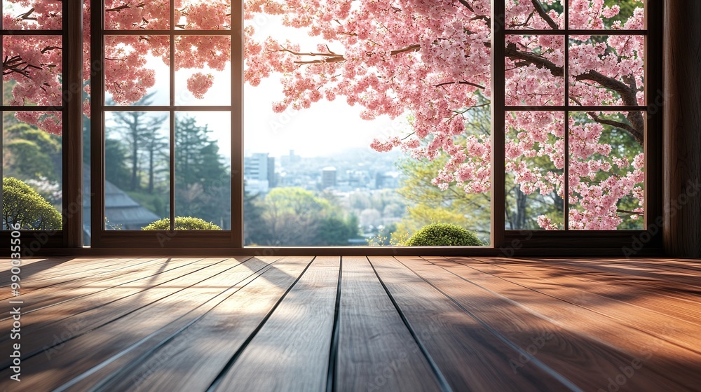 peaceful Japanese room with traditional wooden flooring, showcasing the beauty of sakura flowers in full blossom, spring view from the window filling the minimalist space with tranquility and nature peaceful Japanese room with traditional wooden flooring, showcasing the beauty of sakura flowers in full blossom, spring view from the window filling the minimalist space with tranquility and nature