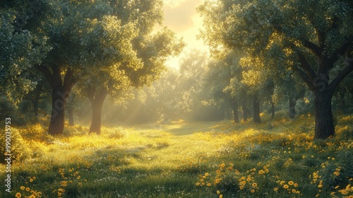 Serene forest scene with sunlight filtering through trees.