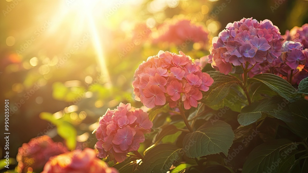 A vibrant hydrangea bush growing in a garden, with the sunlight filtering through the leaves. A vibrant hydrangea bush growing in a garden, with the sunlight filtering through the leaves.