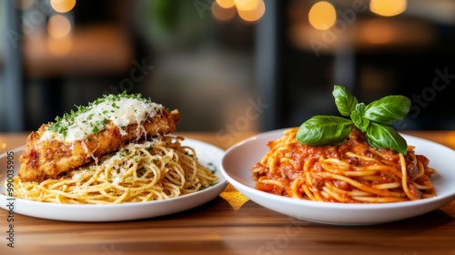 A delicious Italian Chicken Parmesan and Spaghetti with Tomato Sauce dish served on a white plate, perfect for a satisfying meal.