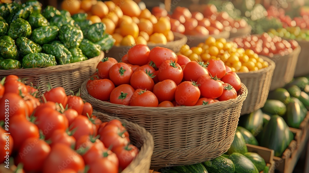 Fresh Organic Vegetables in Wicker Baskets at a Farmers Market on a Sunny Day