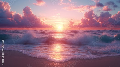 Serene sunset over ocean waves with colorful clouds.