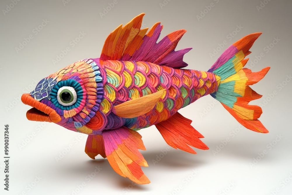 Fototapeta premium Colorful Paper Mache Fish Sculpture with Detailed Scales