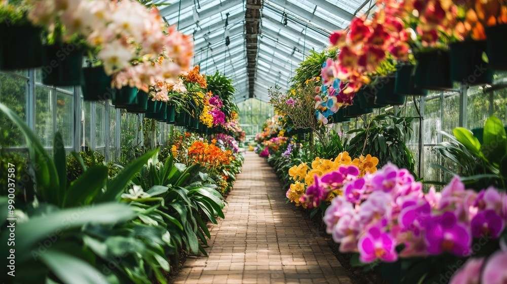 A wide shot of an orchid greenhouse filled with colorful orchids growing in perfect symmetry. A wide shot of an orchid greenhouse filled with colorful orchids growing in perfect symmetry.
