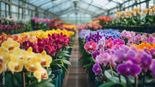 A wide shot of an orchid greenhouse filled with colorful orchids growing in perfect symmetry.