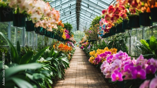 Wallpaper Mural A wide shot of an orchid greenhouse filled with colorful orchids growing in perfect symmetry. Torontodigital.ca