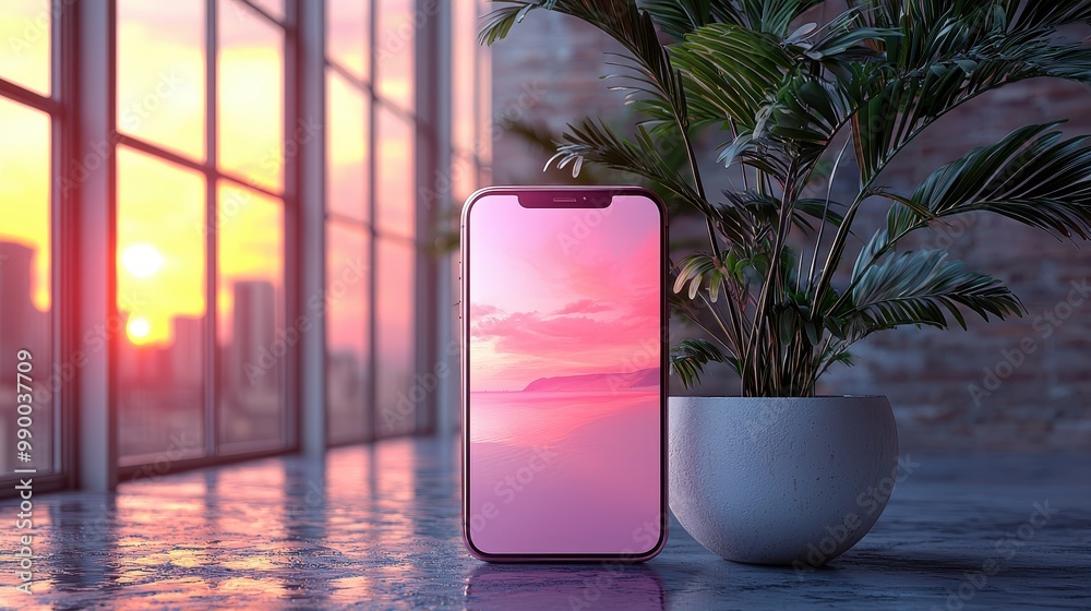 Sunset View on Smartphone Screen with Palm Plant and Window Background