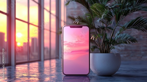 Obraz na płótnie Sunset View on Smartphone Screen with Palm Plant and Window Background w salonie