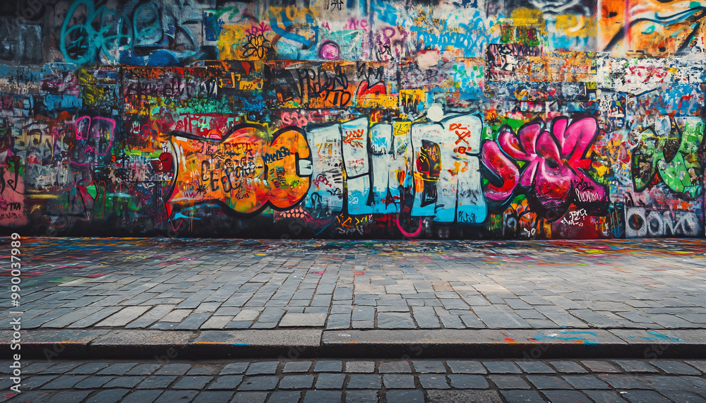 Fototapeta premium A graffiti-covered urban wall, showcasing vibrant colors, bold lines, and an edgy, artistic vibe