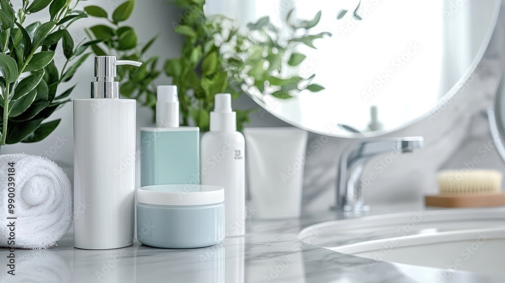 Fototapeta premium Wrinkle removal products on a bathroom counter, showcasing various solutions.