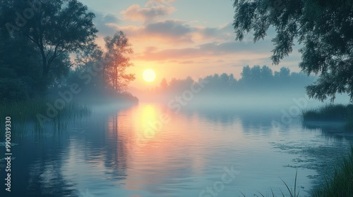 Serene sunrise over a misty lake, reflecting nature's beauty.