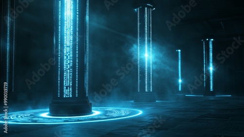 A futuristic digital environment featuring towering luminous pillars that emit a soft, blue glow, creating a sense of mystery and wonder. The pillars are adorned with intricate patterns and symbols, s photo