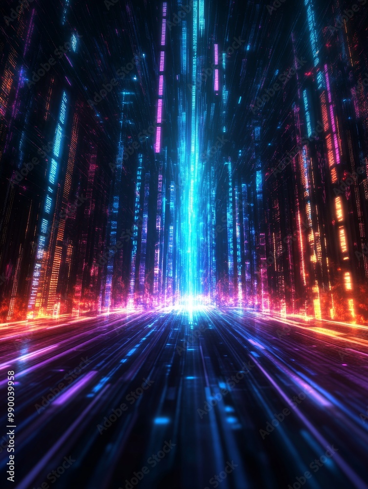 A futuristic digital environment with towering light beams symbolizing data, technology, progress, connectivity, and innovation. A futuristic digital environment with towering light beams symbolizing data, technology, progress, connectivity, and innovation.