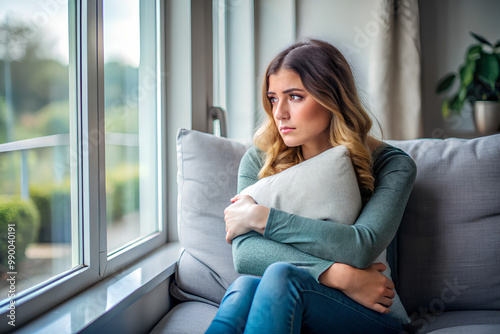 Free Download Depressed young woman sitting woman, Thinking on problem seated on sofa.  thinking over problem - GFXLoad