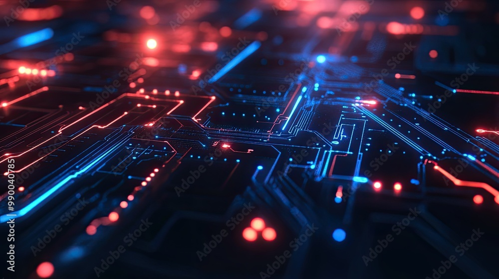 Abstract circuit board design with glowing lines and nodes, symbolizing advanced technological systems. Abstract circuit board design with glowing lines and nodes, symbolizing advanced technological systems.