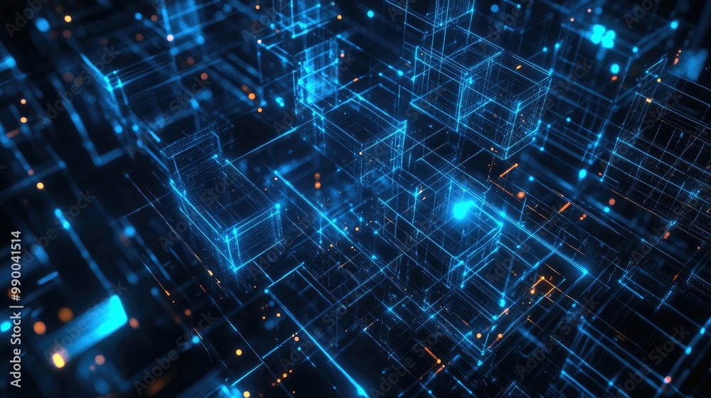 Abstract digital concept with blue wireframe squares and plexus lines, symbolizing data flow and connectivity. Abstract digital concept with blue wireframe squares and plexus lines, symbolizing data flow and connectivity.