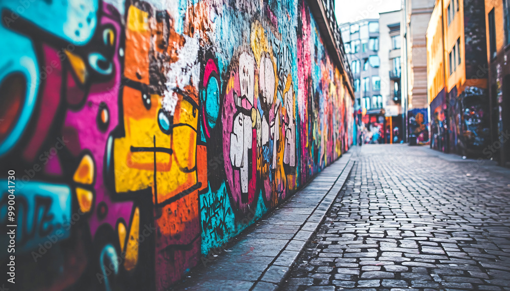 Fototapeta premium A graffiti-covered urban wall, showcasing vibrant colors, bold lines, and an edgy, artistic vibe