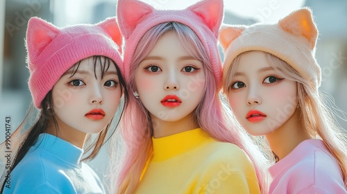 adorable kpop catgirls dressed in colorful street clothes and cat ears, showcasing asian street culture and fantasy fun, vibrant group performance in an urban setting, playful youth style and music photo