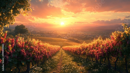 Scenic vineyard landscape at sunset with vibrant grapevines.