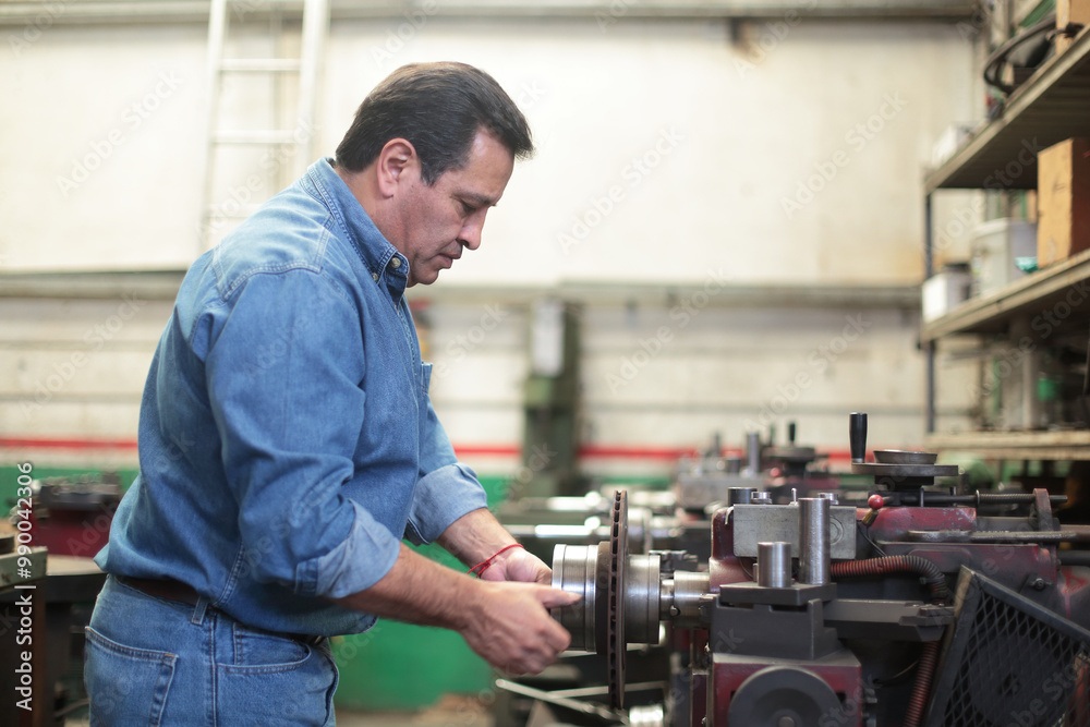 Mechanic adjusts lathe to grind brake disc Mechanic adjusts lathe to grind brake disc