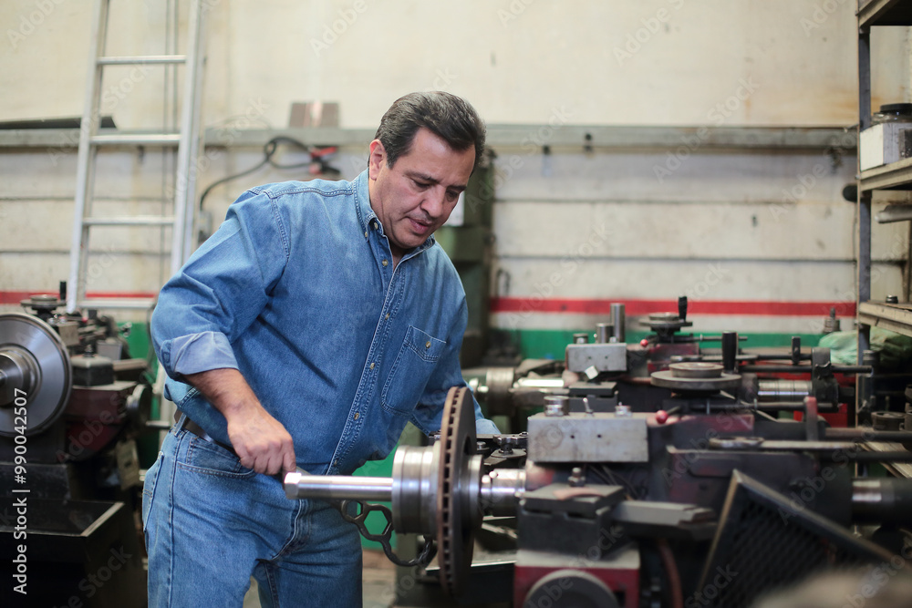 Mechanic dismounts brake disc from grinding lathe