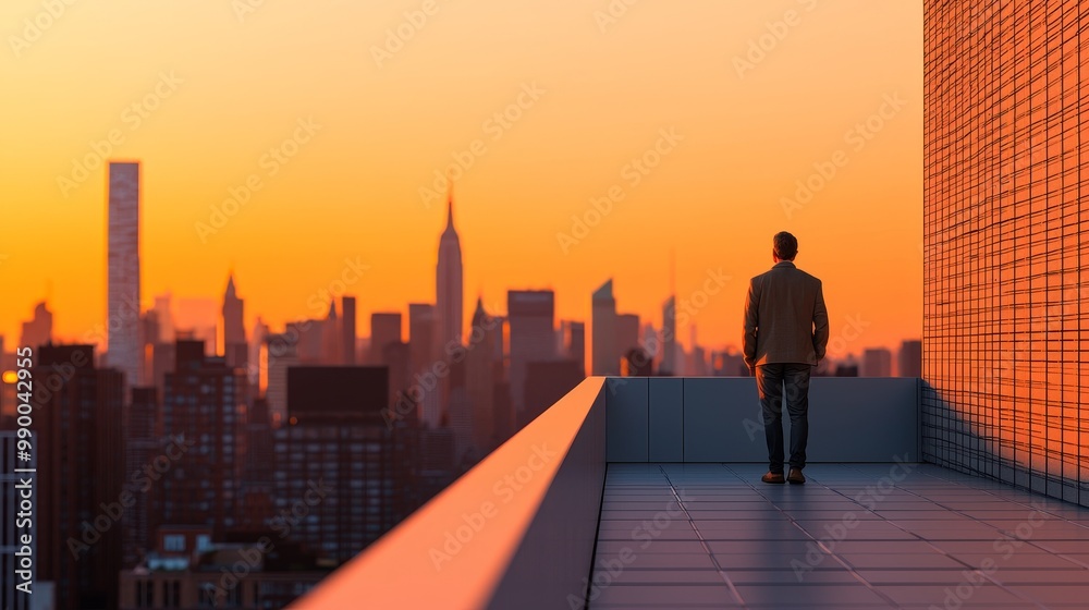 Businessman Overlooking City Skyline at Sunset Reflecting on Environment, Social, and Governance (ESG) Principles Businessman Overlooking City Skyline at Sunset Reflecting on Environment, Social, and Governance (ESG) Principles