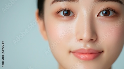 A beautiful Thai woman with glowing, youthful skin is the focal point of a billboard, with a softly lit Korean woman in the background, suited for premium skincare ads 