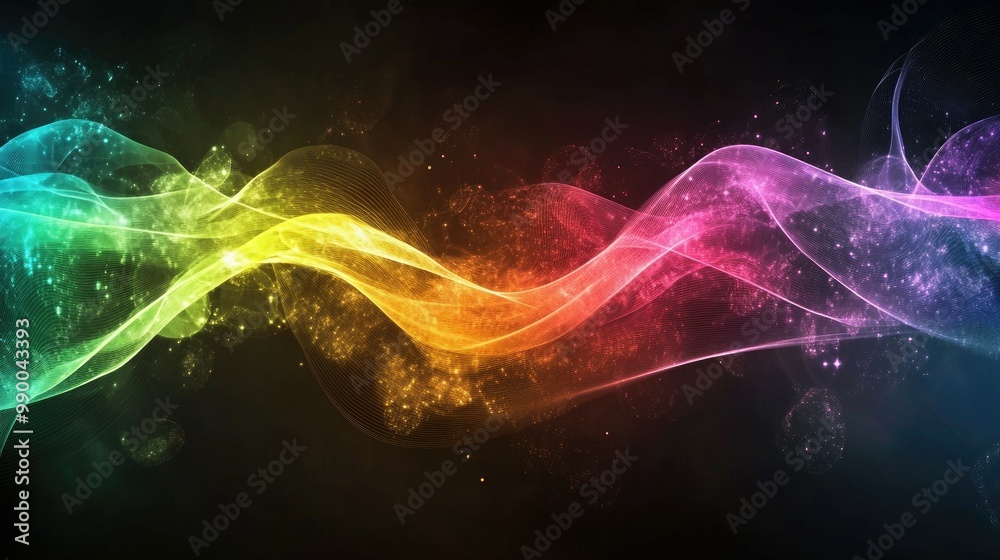 Abstract rainbow energy light waves flowing across a dark background, creating a dynamic and colorful visual. Abstract rainbow energy light waves flowing across a dark background, creating a dynamic and colorful visual.