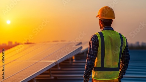 Engineer Overlooking Solar Panels at Sunset, Symbolizing Environmental Social Governance (ESG) in Renewable Energy Initiatives