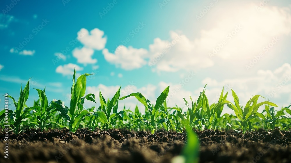 A beautiful corn field under a bright blue summer sky with white puffy clouds, symbolizing growth, prosperity, nature, agriculture, and abundance.