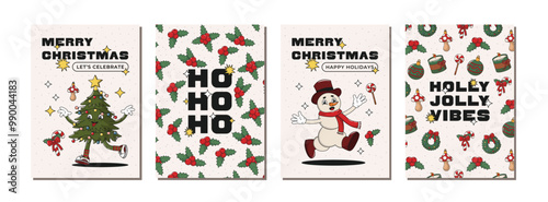 Merry Christmas poster set with christmas tree and snowman retro groovy characters, holly branch, wreath, tree toys, candles, candy cane. New Year Winter greeting card collection. Vector illustration.