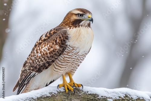 Red tailed hawk perched on a snow covered branch during snowfall