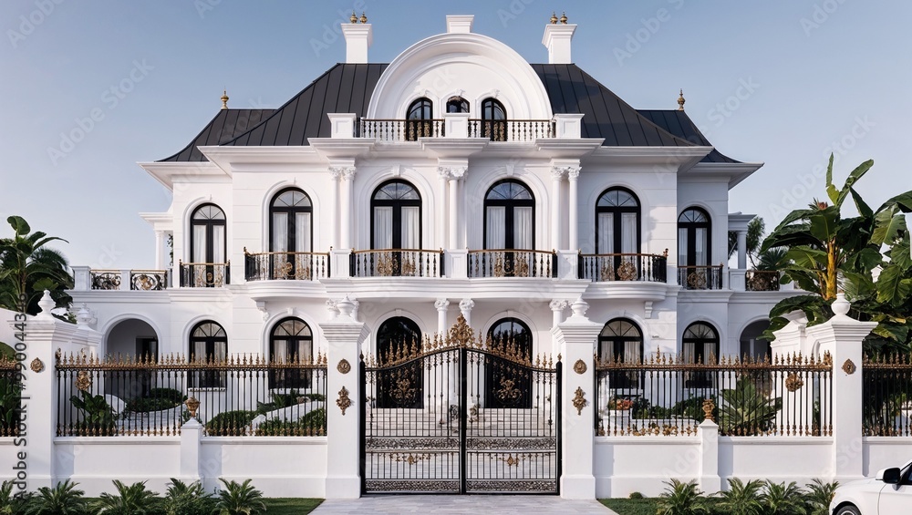 Obraz premium mansion with a grand architectural style. The house features a white exterior with intricate gold accents and ornate detailing on the railings and gates