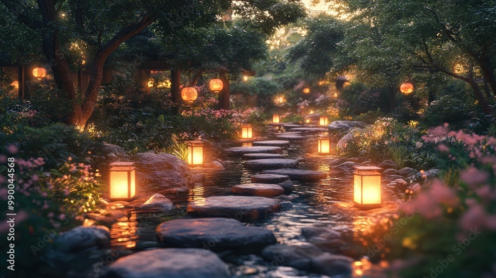 Serene garden pathway illuminated by lanterns and surrounded by nature. Serene garden pathway illuminated by lanterns and surrounded by nature.