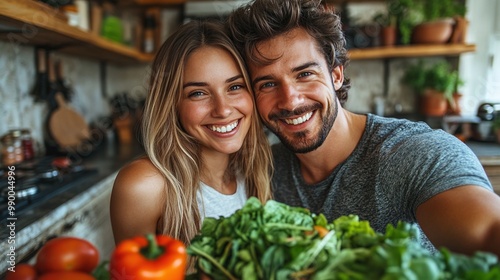 young happy couple taking a selfie while preparing a healthy salad in their home kitchen, bonding over fresh ingredients and enjoying the fun of cooking together for a nutritious meal