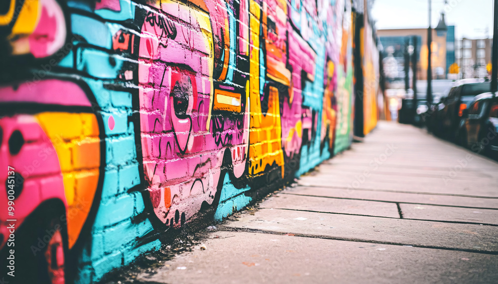 Fototapeta premium A graffiti-covered urban wall, showcasing vibrant colors, bold lines, and an edgy, artistic vibe