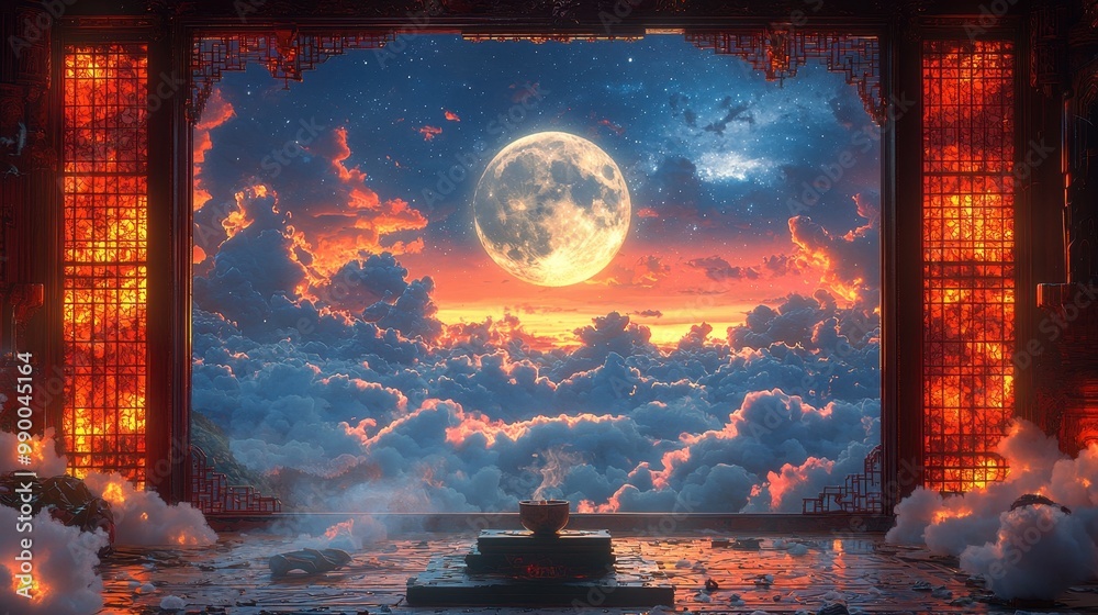 Fototapeta premium Mystical Asian Architecture with Full Moon and Clouds