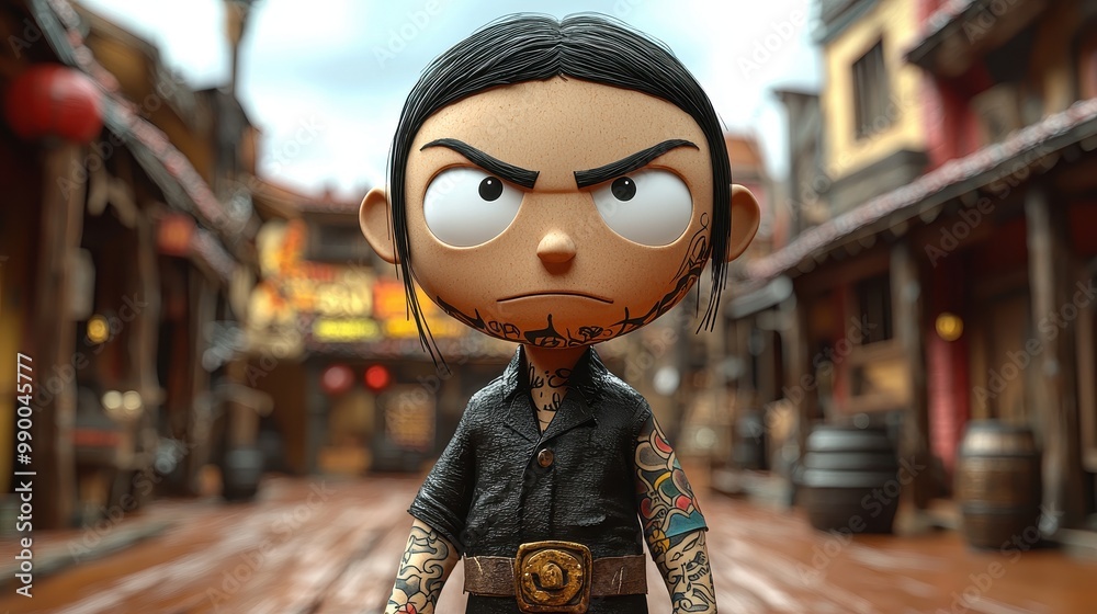 D Cartoon Character with Tattoos in a Western Town D Cartoon Character with Tattoos in a Western Town