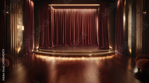 Wallpaper Mural A luxurious platform with polished wood floors and muted amber lighting, The backdrop includes deep burgundy curtains with subtle gold accents Torontodigital.ca