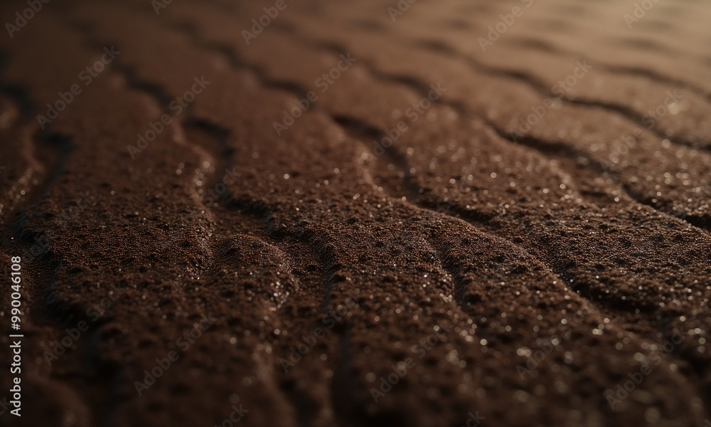 Close-up of textured brown sand wavy surface with shimmering grains for abstract design, chocolate dessert texture