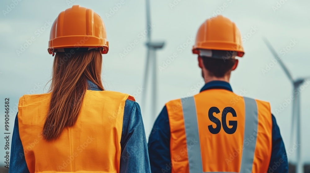 Engineers Overseeing Wind Turbines for Sustainable Energy - Environment Social Governance (ESG) Concept Engineers Overseeing Wind Turbines for Sustainable Energy - Environment Social Governance (ESG) Concept