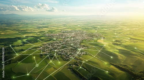 Aerial perspective of rural and urban land with floating network markers showing future planning.