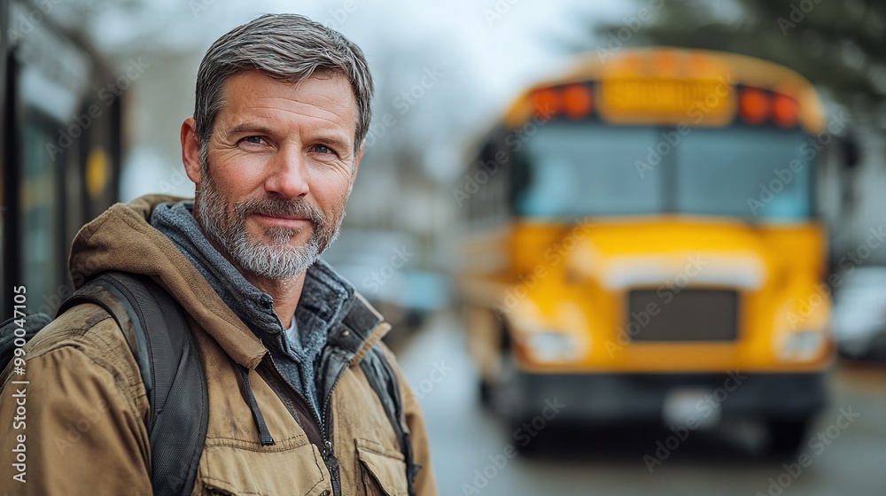portrait of a school bus driver standing proudly with yellow bus in background, professional transportation worker ensuring safety, focused on reliable service for school commuting portrait of a school bus driver standing proudly with yellow bus in background, professional transportation worker ensuring safety, focused on reliable service for school commuting