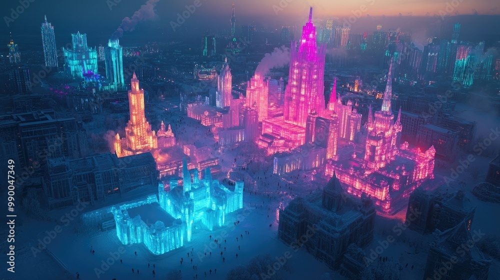 Aerial view of massive ice buildings glowing in neon colors at the Harbin Ice Festival in China. Aerial view of massive ice buildings glowing in neon colors at the Harbin Ice Festival in China.