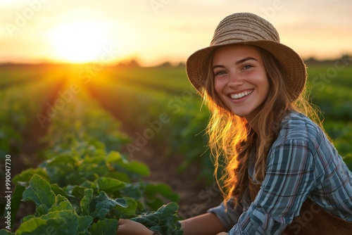 Smiling woman working in a field at sunset with warm golden sunlight creating a peaceful and joyful atmosphere her happiness while tending to crops captures the beauty of farm life and nature’s bounty