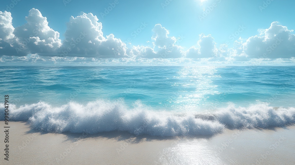 Tranquil beach scene with gentle waves and bright sky. Tranquil beach scene with gentle waves and bright sky.