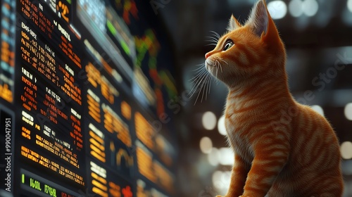 Cat standing at a stock exchange, watching stock prices fluctuate, professional and intense, cartoon style photo