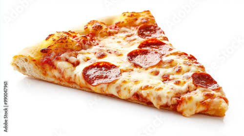 A single slice of pizza with melted cheese and pepperoni on a thin crust